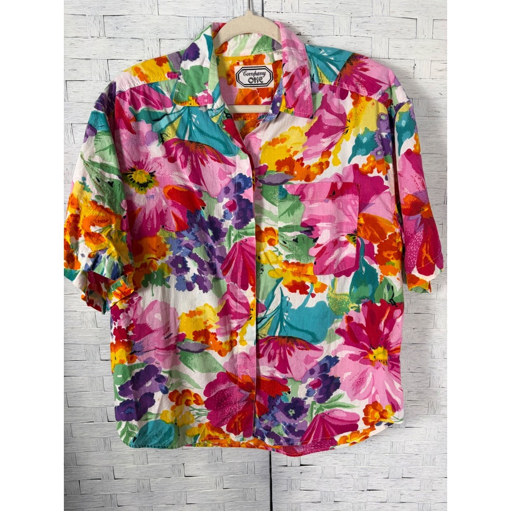 Vintage Company One Womens Shirt Button Down Floral Cotton Short Sleeve Colorful